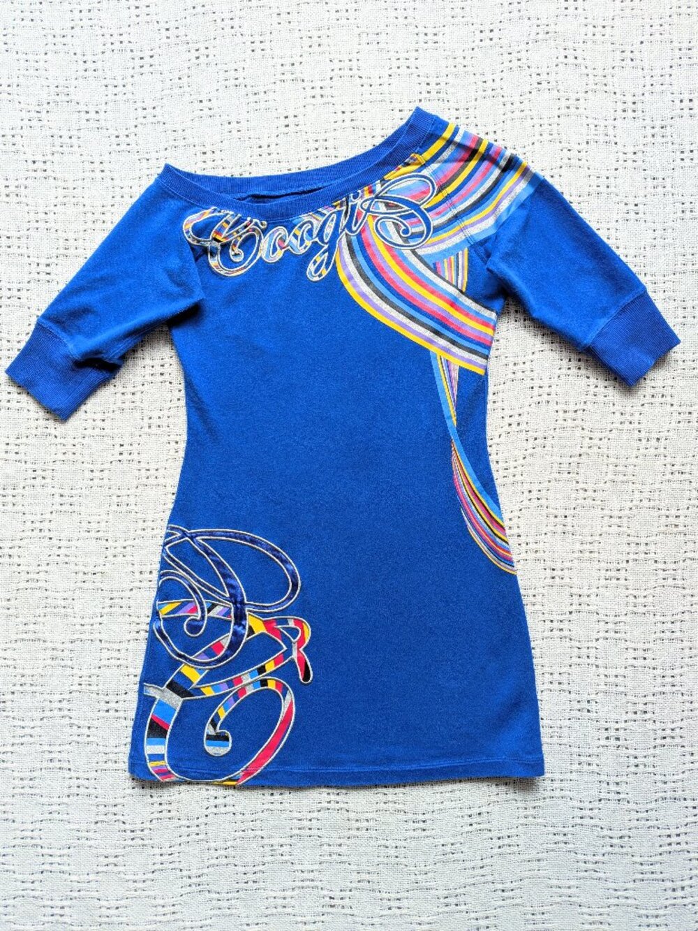 Vintage COOGI Dress Y2K 90s Graphic Bodycon Mini Blue Multi Logo Size M / L